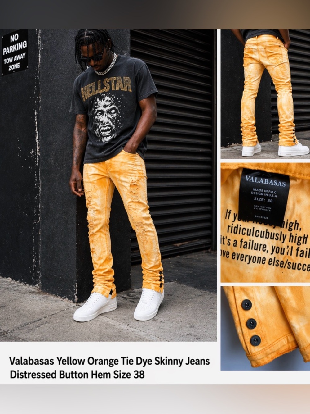 Valabasas Yellow Orange Tie Dye Skinny Jeans Distressed Button Hem Size 38 NWOT